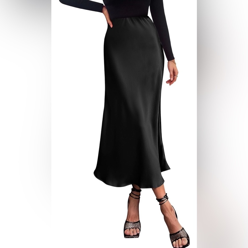 Women's Satin High Waisted Maxi A Line Skirts Hidden Elasticized Waistband
